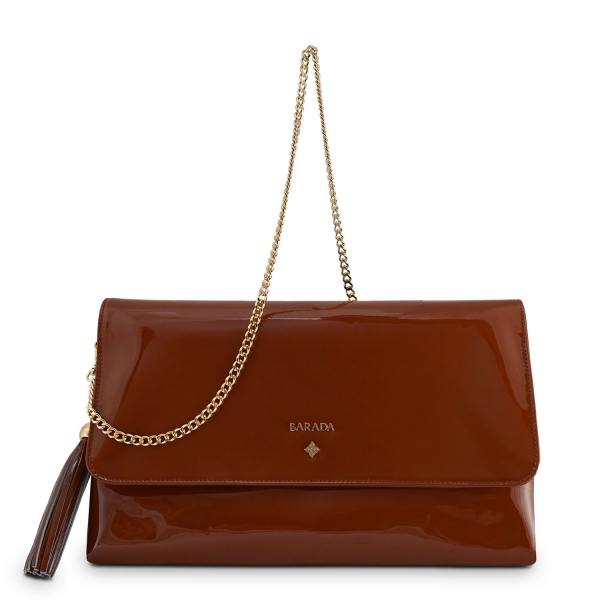 Clutch Handbag from our Amatista collection in Patent Calf Leather and Brown color