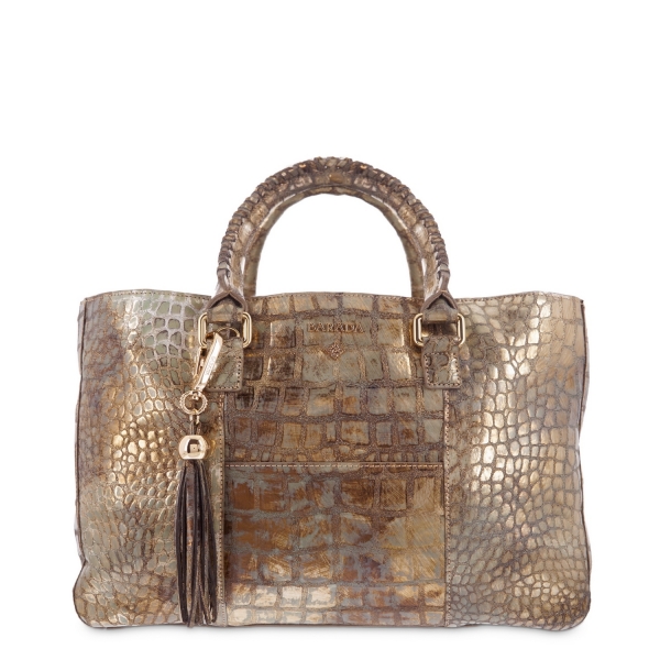 Shopping Handbag from our Moira collection in Calf Croc print metallic finishing and Golden color