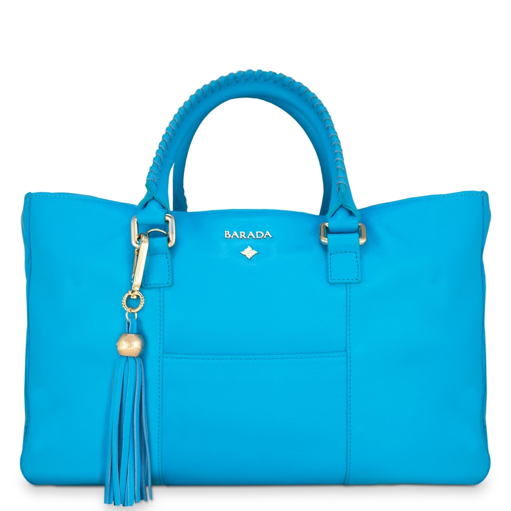 Shopping Handbag from our Moira collection in Calf Leather (Antelope finish) and Cyan color
