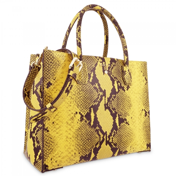 Top Handle HandBag in Cow Leather (Snake Print) and Yellow color