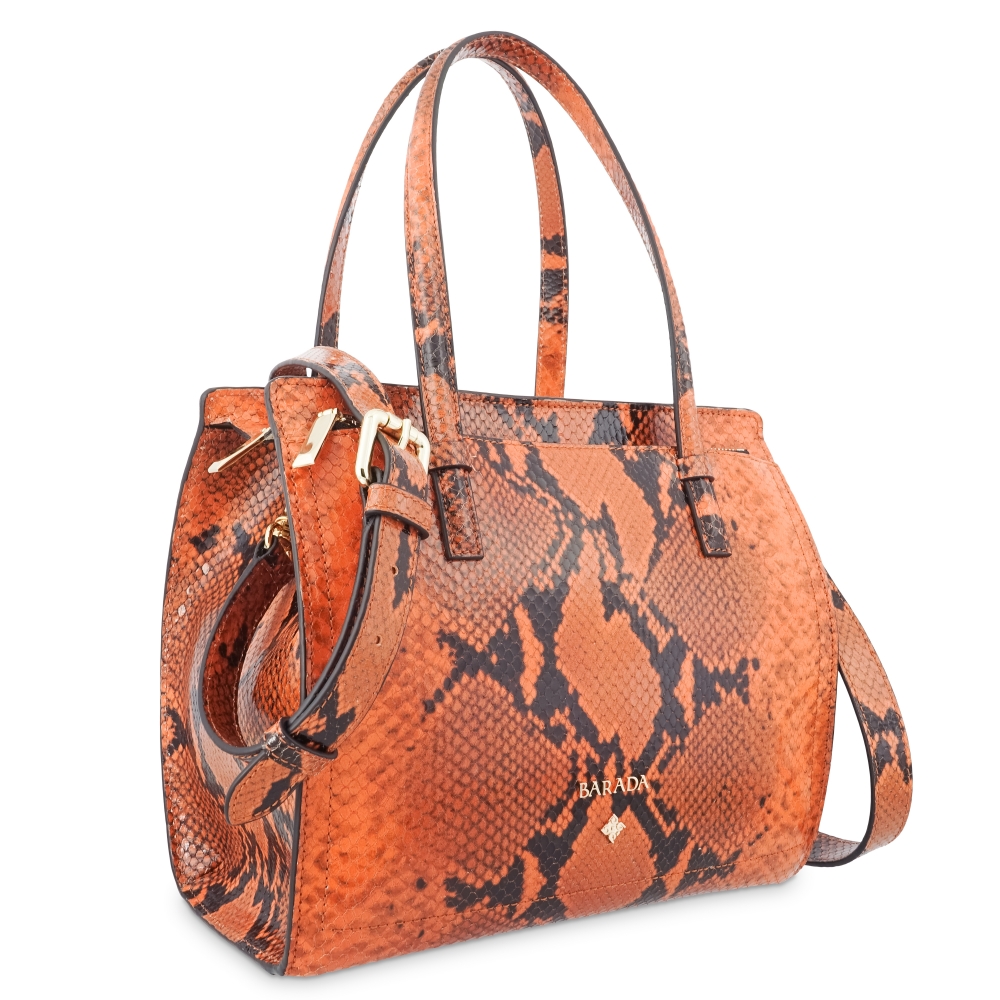 Top Handle HandBag in Cow Leather (Snake Print) and Orange color