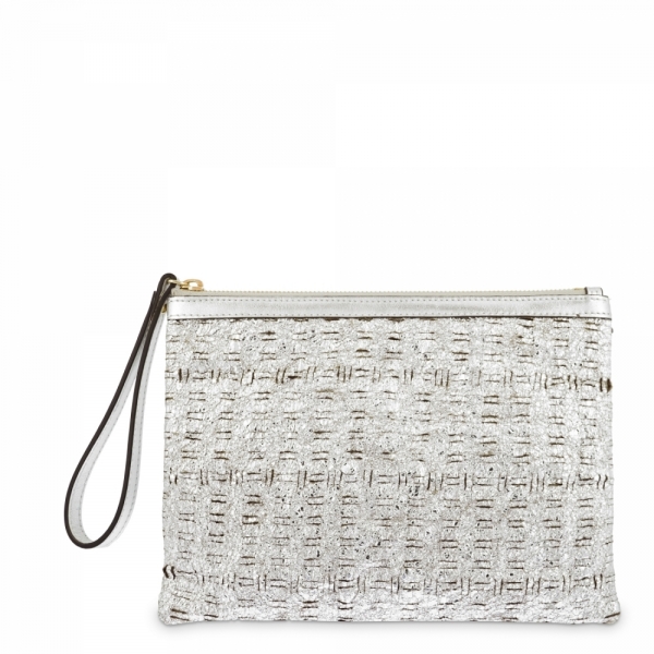 Leather Zip Pouch in Silver color
