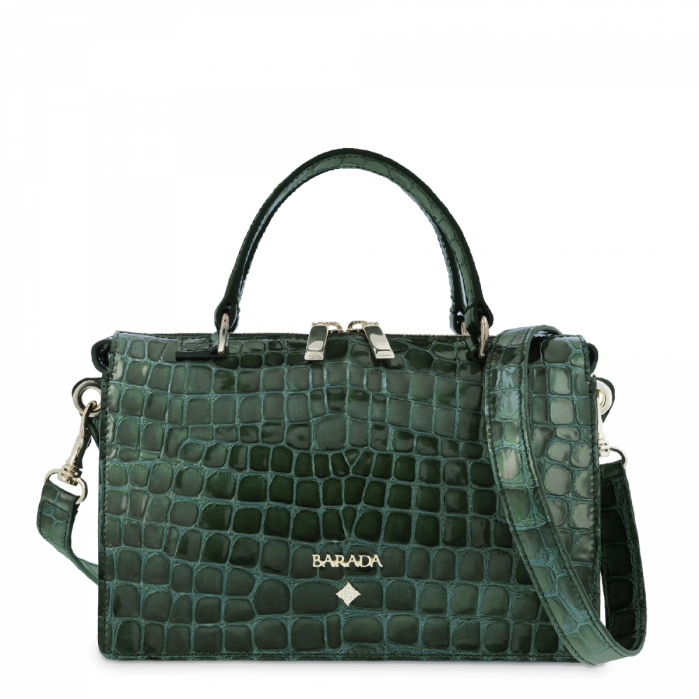 Top Handle Handbag in Shiny crocodile effect (cow leather) and Green color