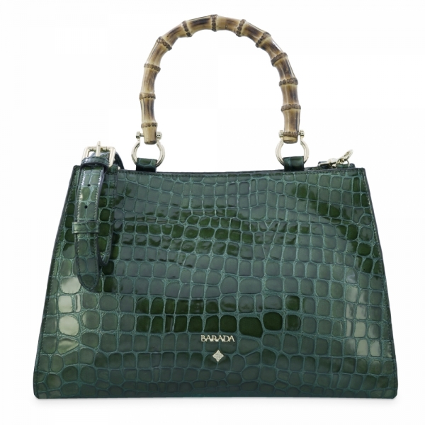 Top Handle Handbag in Shiny crocodile effect (cow leather) and Green color