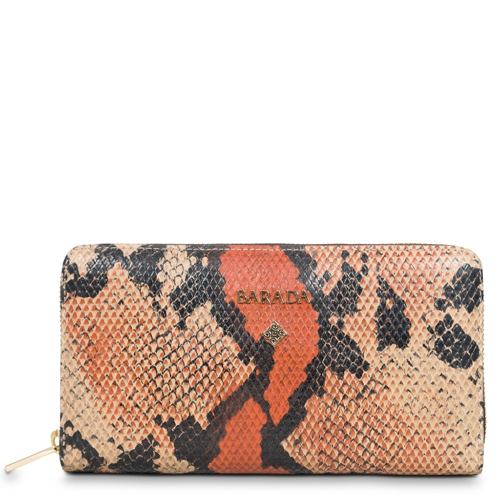 Large Zip Around Wallet in Calf Leather (Snake print), Orange colour