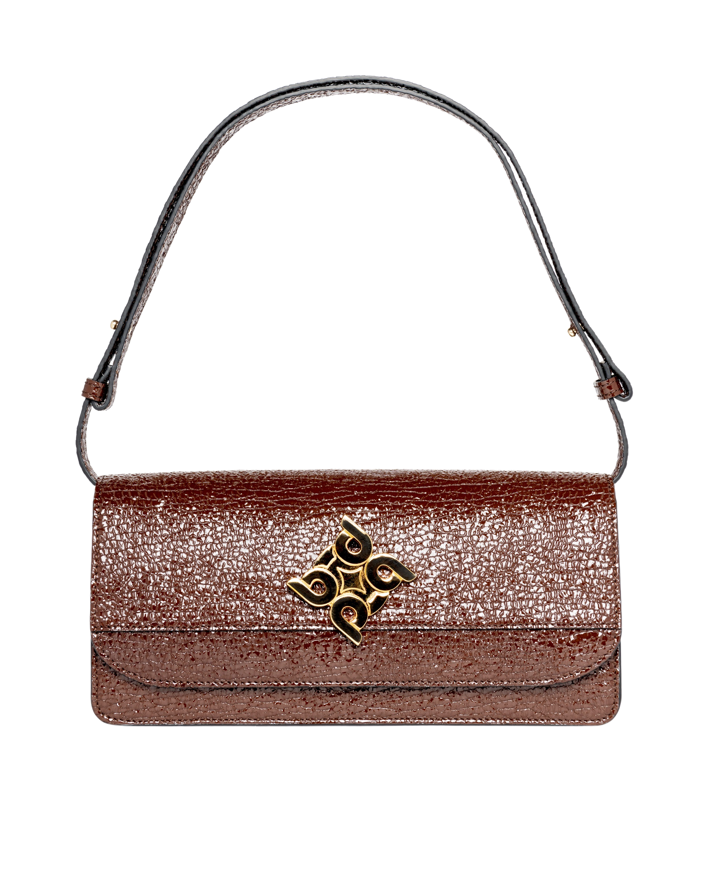 Elegante bolso baguette artesanal en piel caprino marrón con cierre de solapa y botón magnético