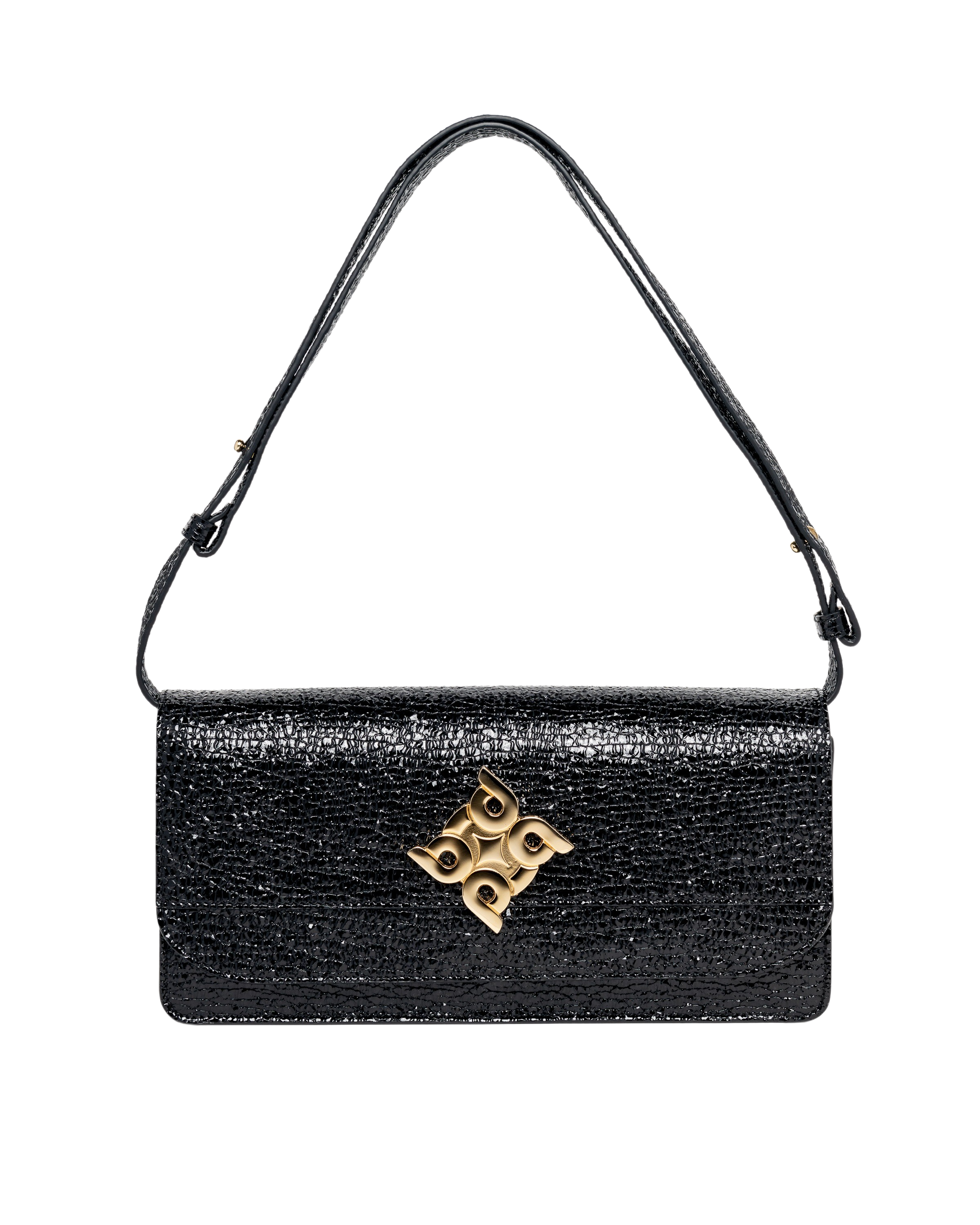 Elegante bolso baguette artesanal en piel caprino negro con cierre de solapa y botón magnético