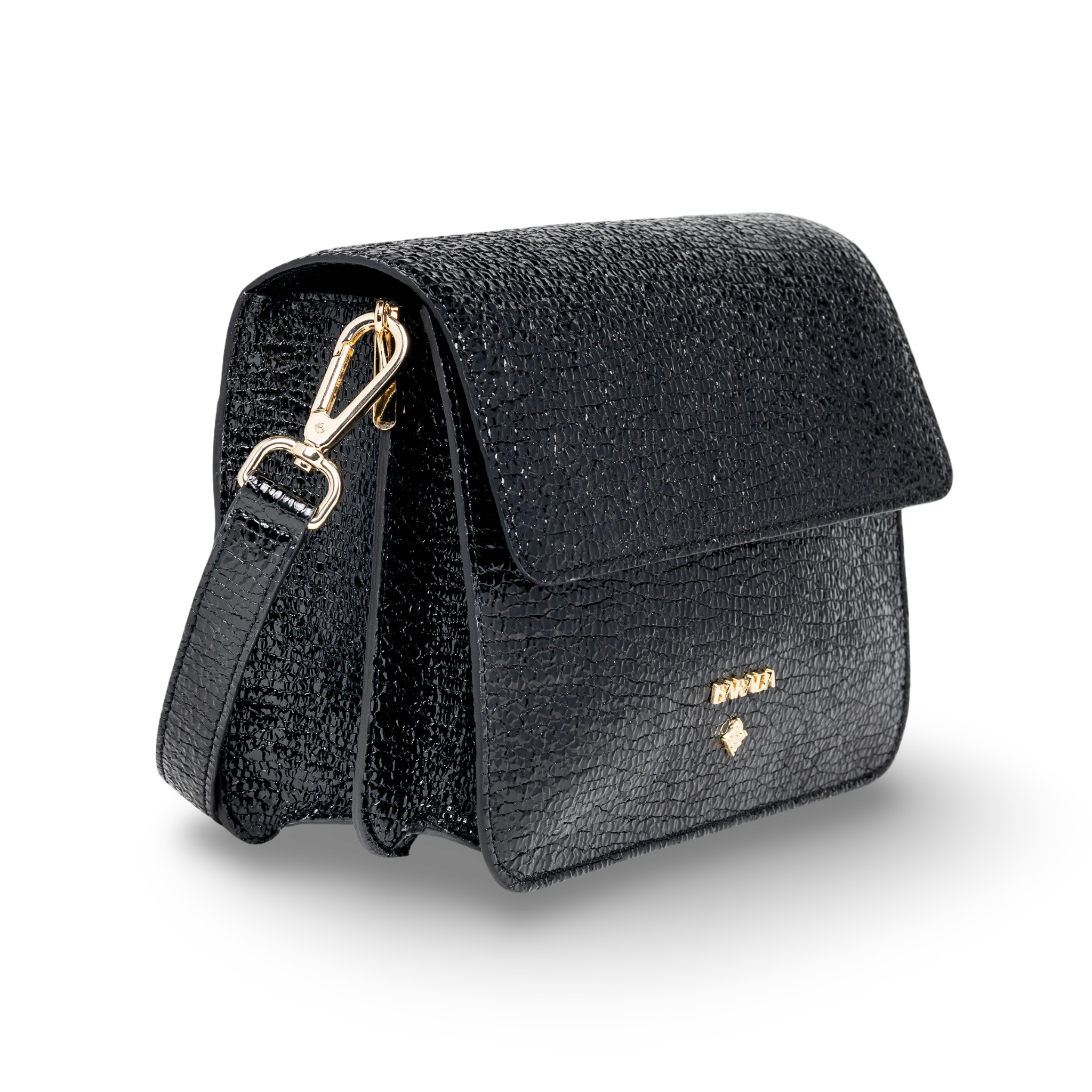 Bolso bandolera en piel caprino con acabado en charol arrugado
